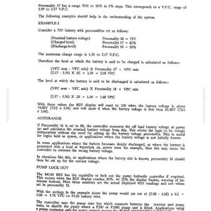 May include: A white document with black text detailing battery voltage ranges, including examples and calculations. The text includes technical terms like "VPC" and "BDI display".