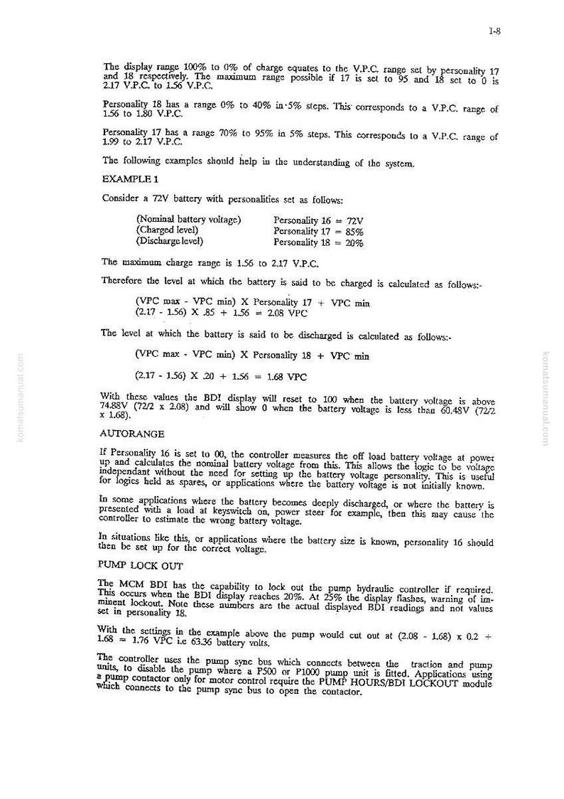 May include: A white document with black text detailing battery voltage ranges, including examples and calculations. The text includes technical terms like "VPC" and "BDI display".