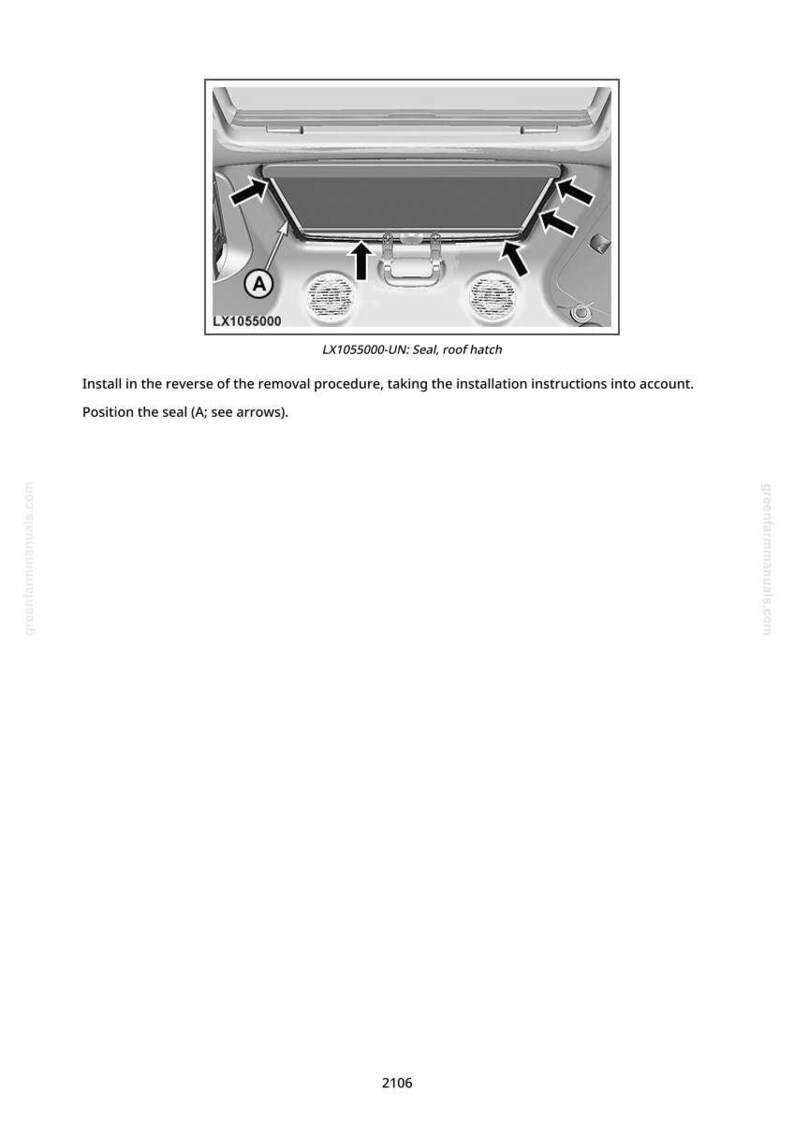 May include: Diagram of a car's roof hatch with arrows indicating seal placement. The image includes the text "LX1055000-UN: Seal, roof hatch" and instructions for installation. The diagram is in black and white.