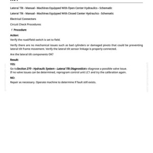 Pu&ograve; includere: Un documento bianco con testo nero che descrive le procedure di calibrazione per un alimentatore. Il testo include istruzioni per il controllo dell'inclinazione laterale, dei connettori elettrici e dei passaggi per la risoluzione dei problemi. Il documento &egrave; etichettato "LC1 001522.00".