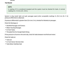May include: A page of technical instructions with numbered steps and bullet points. The text includes instructions for observing pressure readings and checking for leaks. Measurements are given in inches and millimeters.