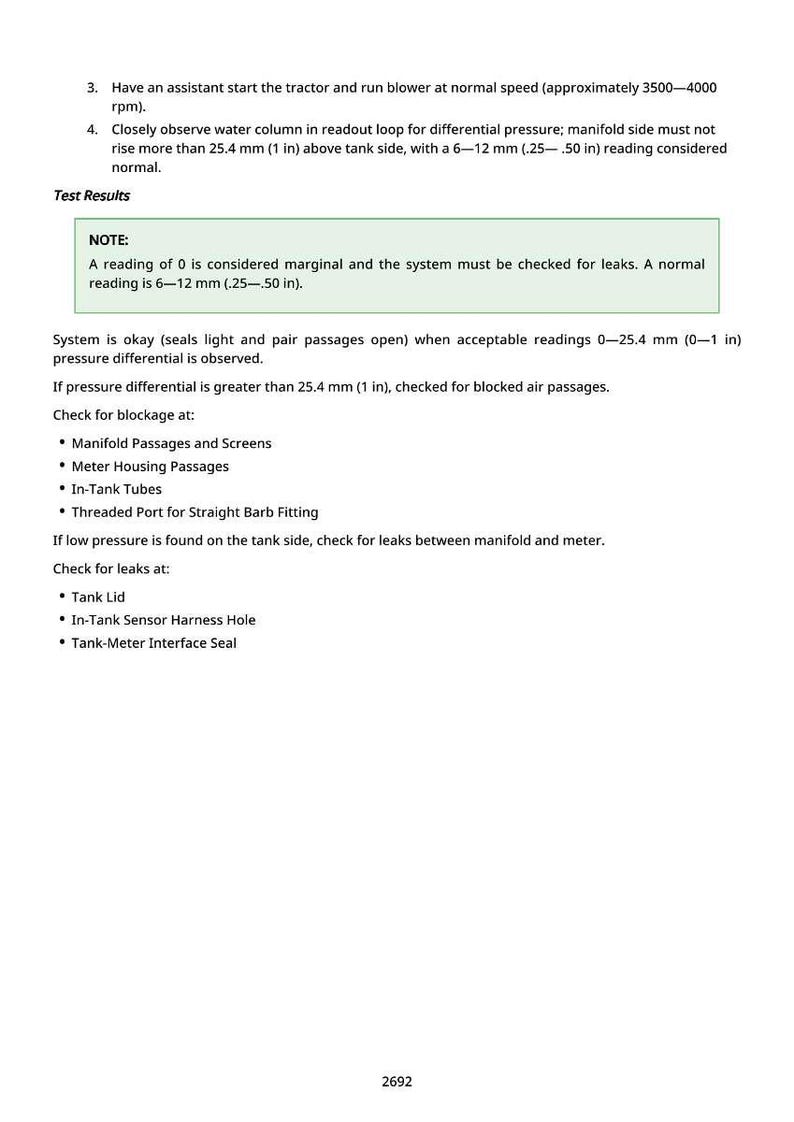 May include: A page of technical instructions with numbered steps and bullet points. The text includes instructions for observing pressure readings and checking for leaks. Measurements are given in inches and millimeters.
