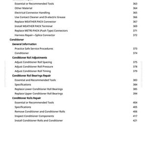 May include: A white page featuring a detailed table of contents. The table lists various repair and maintenance topics, including turn/warning lights, connector repair, and conditioner roll adjustments. Page numbers are listed on the right.