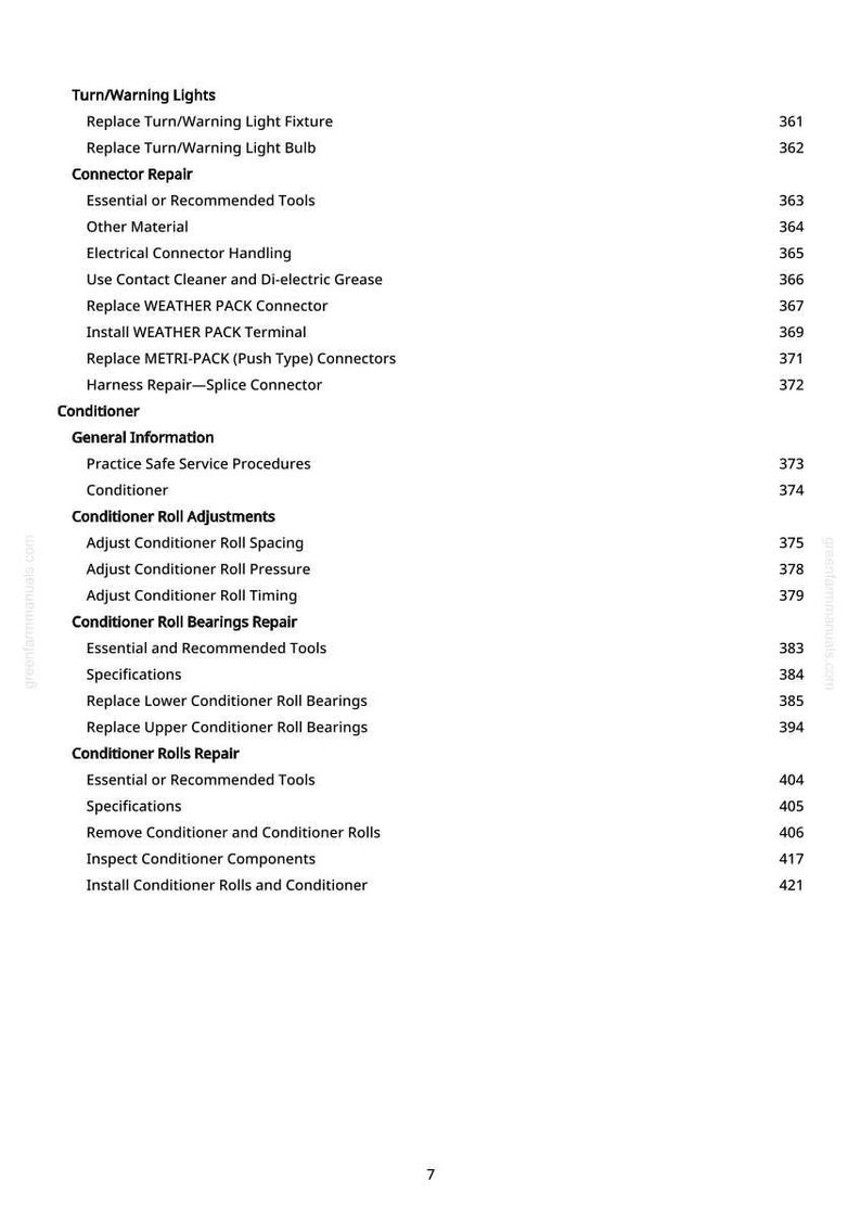 May include: A white page featuring a detailed table of contents. The table lists various repair and maintenance topics, including turn/warning lights, connector repair, and conditioner roll adjustments. Page numbers are listed on the right.