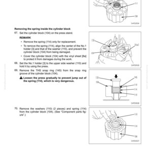 Peut inclure: Sch&eacute;ma technique d&eacute;montrant le d&eacute;montage et l'assemblage d'un moteur de d&eacute;placement et d'un ensemble de transmission final. L'image comprend des illustrations d&eacute;taill&eacute;es de pi&egrave;ces telles que des rondelles, des aiguilles, des ressorts et des blocs-cylindres.
