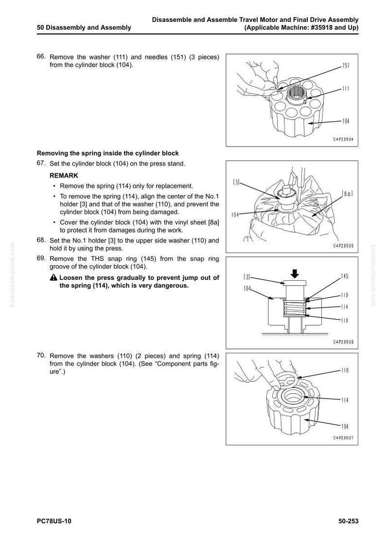 Peut inclure: Sch&eacute;ma technique d&eacute;montrant le d&eacute;montage et l'assemblage d'un moteur de d&eacute;placement et d'un ensemble de transmission final. L'image comprend des illustrations d&eacute;taill&eacute;es de pi&egrave;ces telles que des rondelles, des aiguilles, des ressorts et des blocs-cylindres.