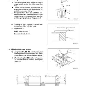May include: Diagram of engine repair procedures, including knocking in inserts and finishing insert seat surfaces. Includes measurements in millimeters and diagrams of tools and components.