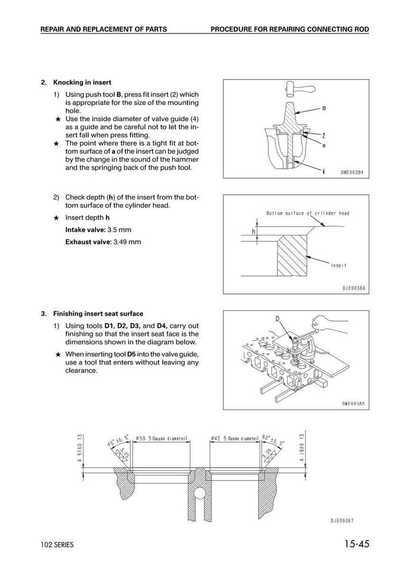 May include: Diagram of engine repair procedures, including knocking in inserts and finishing insert seat surfaces. Includes measurements in millimeters and diagrams of tools and components.