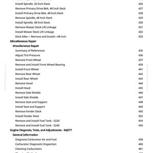 May include: A page from a manual with a detailed table of contents. The text includes instructions for mower deck maintenance, engine diagnosis, and fuel tank repair. The page number is 7.