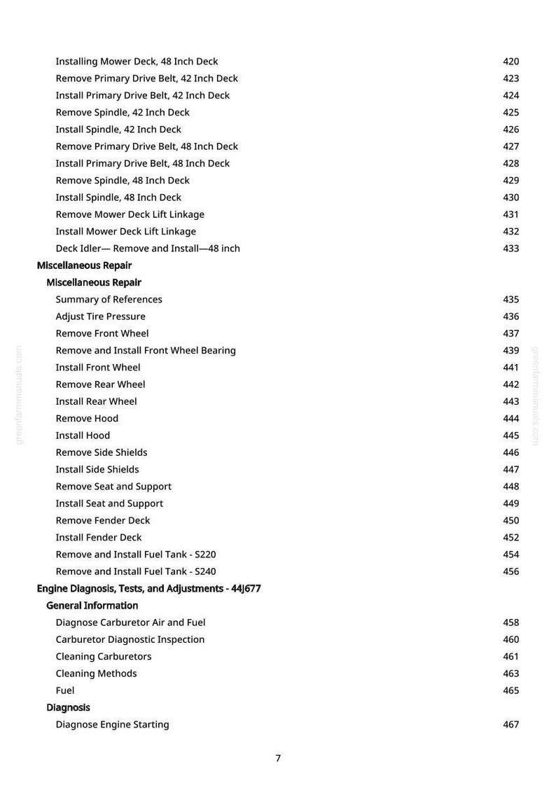 May include: A page from a manual with a detailed table of contents. The text includes instructions for mower deck maintenance, engine diagnosis, and fuel tank repair. The page number is 7.