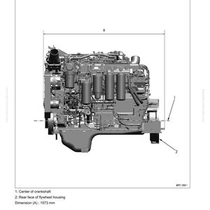 May include: Detailed diagram of an engine, labeled "Engine General View: SAA6D140E-7". The image shows the left side view of the engine, with key components and dimensions (A) of 1573 mm. Includes labels for the center of the crankshaft and rear face of the flywheel housing.