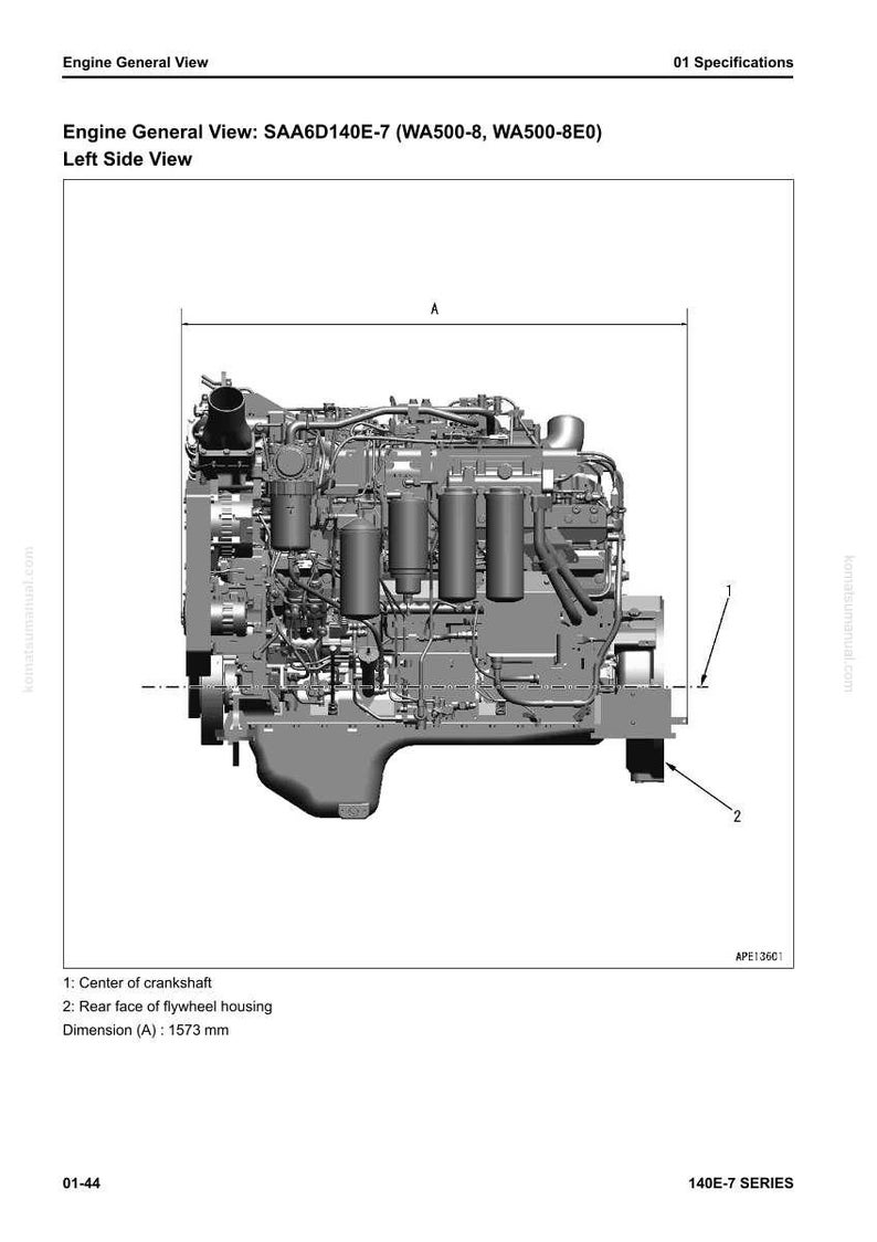 May include: Detailed diagram of an engine, labeled "Engine General View: SAA6D140E-7". The image shows the left side view of the engine, with key components and dimensions (A) of 1573 mm. Includes labels for the center of the crankshaft and rear face of the flywheel housing.