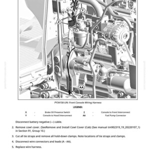 May include: Technical diagram of a front console wiring harness, detailing components like the brake oil presence switch and fuel pump connector. Instructions are provided for wire connections and harness replacement. Measurements are not applicable.