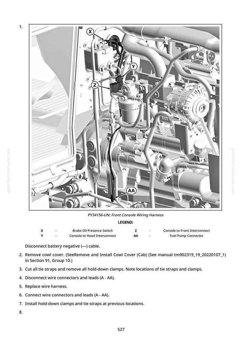May include: Technical diagram of a front console wiring harness, detailing components like the brake oil presence switch and fuel pump connector. Instructions are provided for wire connections and harness replacement. Measurements are not applicable.