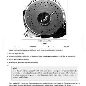 May include: Diagram showing how to remove and install a seed disk. The image features a circular component with many small holes, labelled with letters and instructions. The text includes the part number A50861-UN.