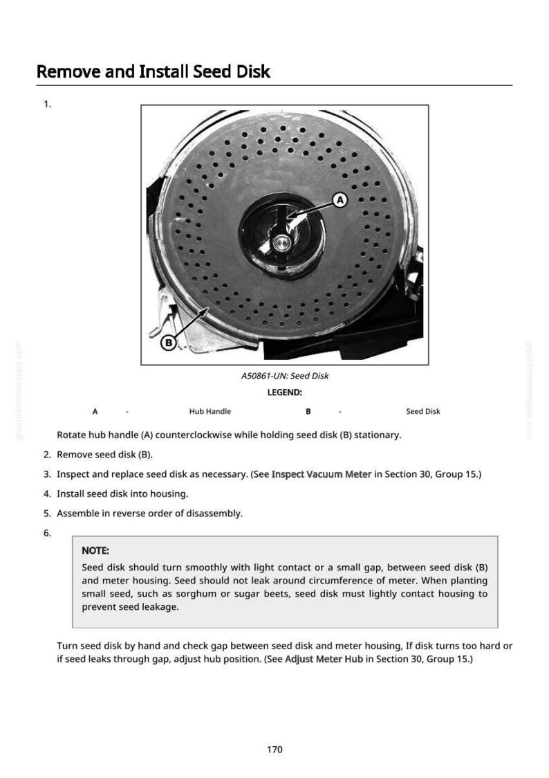 May include: Diagram showing how to remove and install a seed disk. The image features a circular component with many small holes, labelled with letters and instructions. The text includes the part number A50861-UN.