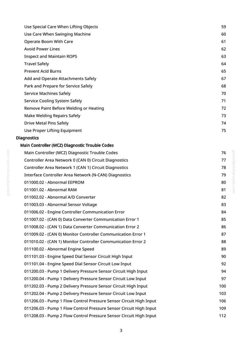 K&ouml;nnte beinhalten: Eine Seite aus einem Handbuch mit einer Liste von Sicherheitsanweisungen und Diagnosefehlercodes. Der Text umfasst Themen wie &bdquo;Besondere Vorsicht beim Heben von Gegenst&auml;nden&ldquo; und &bdquo;Diagnosefehlercodes des Hauptcontrollers&ldquo;.