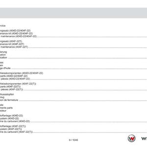 May include: A page from a manual with the title "Inhaltsverzeichnis Contents Table des mati&egrave;res". The document lists service and engine attachment parts. The Weidemann logo is in the bottom right corner.