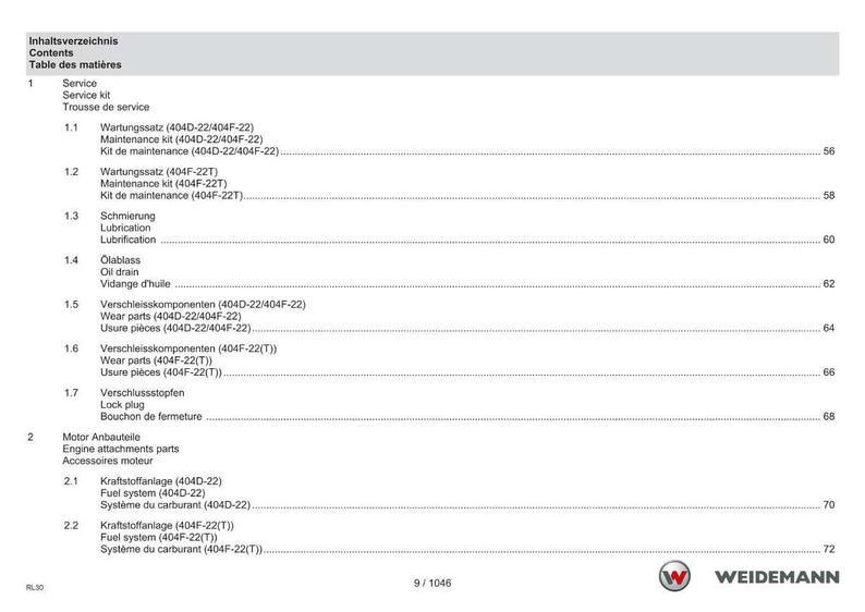 May include: A page from a manual with the title "Inhaltsverzeichnis Contents Table des mati&egrave;res". The document lists service and engine attachment parts. The Weidemann logo is in the bottom right corner.