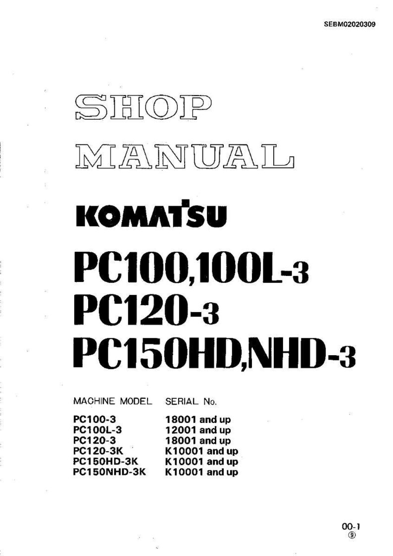 May include: A white shop manual with the text "SHOP MANUAL" and "KOMATSU" in bold, black font. The manual lists PC100, PC100L-3, PC120-3, and PC150HD, NHD-3 models. Machine model and serial number information is also included.