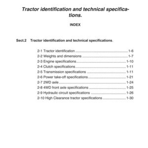 May include: A page from a tractor manual with the title "Tractor identification and technical specifications." The page includes an index with sections on tractor identification, weights, dimensions, engine, and other specifications.