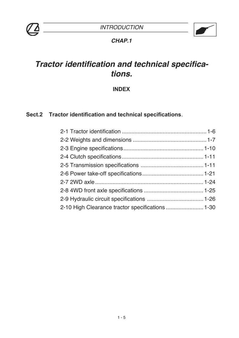 May include: A page from a tractor manual with the title "Tractor identification and technical specifications." The page includes an index with sections on tractor identification, weights, dimensions, engine, and other specifications.