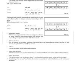 May include: A page from a machine monitor manual, featuring text and diagrams. The document details real-time and maintenance monitor functions, including item names and ID numbers. Diagrams show data display formats.