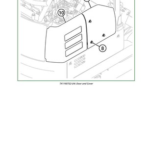 May include: Line drawing of a door and cover assembly. The cover has three rectangular cutouts and is secured with bolts. The text "TX1190752-UN: Door and Cover" is at the bottom.