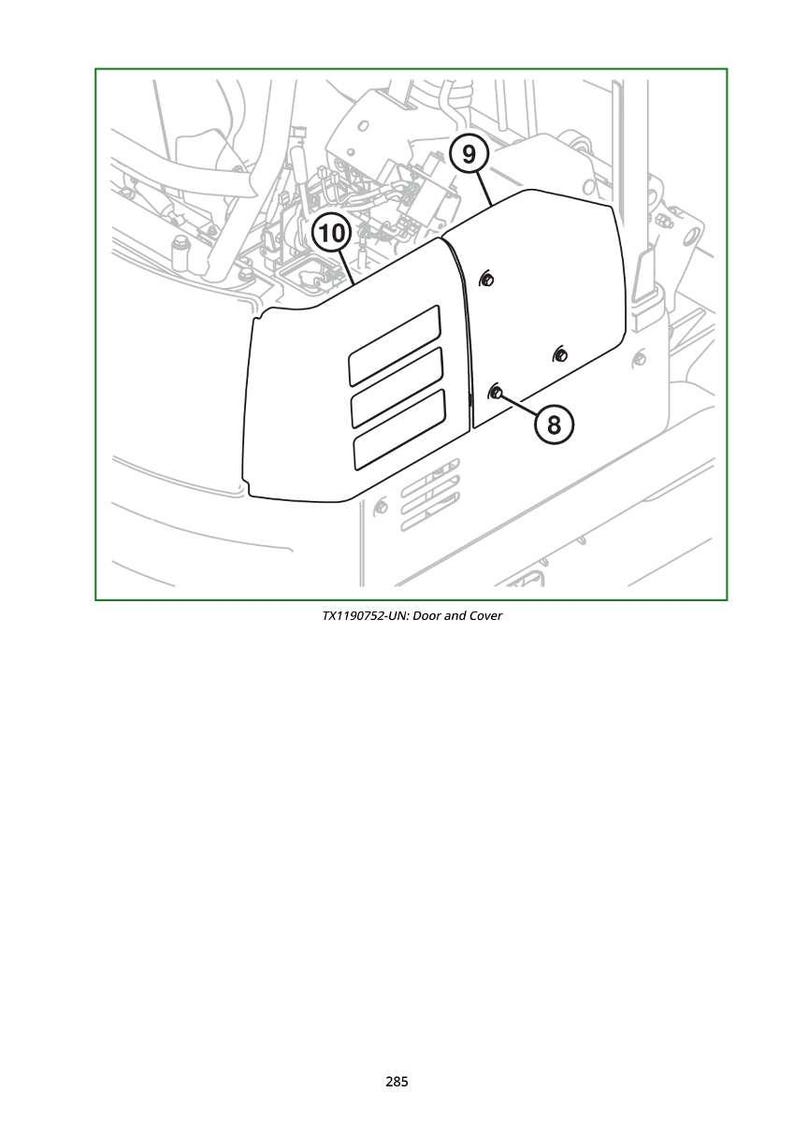 May include: Line drawing of a door and cover assembly. The cover has three rectangular cutouts and is secured with bolts. The text "TX1190752-UN: Door and Cover" is at the bottom.