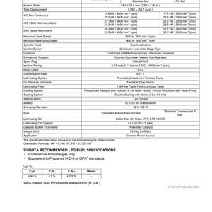 May include: A technical specification sheet for Kubota engines, detailing models WG972-G-E3 and WG972-GL-E3. The document provides engine type, bore and stroke measurements (74.5 x 73.6 mm), and fuel specifications, including LPG and gasoline options.