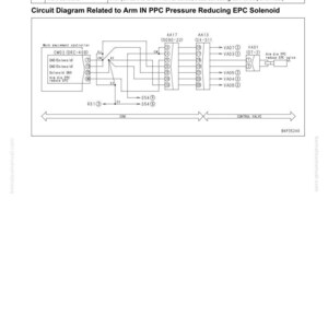 Op de afbeelding: Schema van een circuit met betrekking tot de Arm IN PPC Pressure Reducing EPC Solenoid. Het schema bevat labels voor componenten zoals de werkmaterieelcontroller, de soleno&iuml;de en het regelventiel. Het schema is gelabeld met de tekst "40 Probleemoplossing".