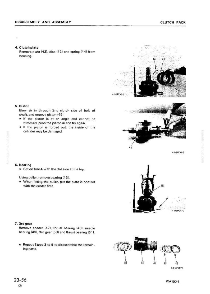 May include: Diagram illustrating clutch pack disassembly and assembly, with labelled parts such as plates, discs, springs, pistons, and bearings. Includes numbered steps and illustrations for mechanical repair and maintenance.