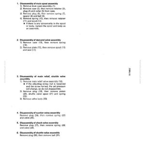 K&ouml;nnte beinhalten: Eine Seite aus einem Komatsu-Handbuch, die die Demontage einer Messerkrafthebeventilbaugruppe detailliert. Der Text ist in schwarzer Schrift auf wei&szlig;em Hintergrund, mit nummerierten Schritten und Diagrammen.