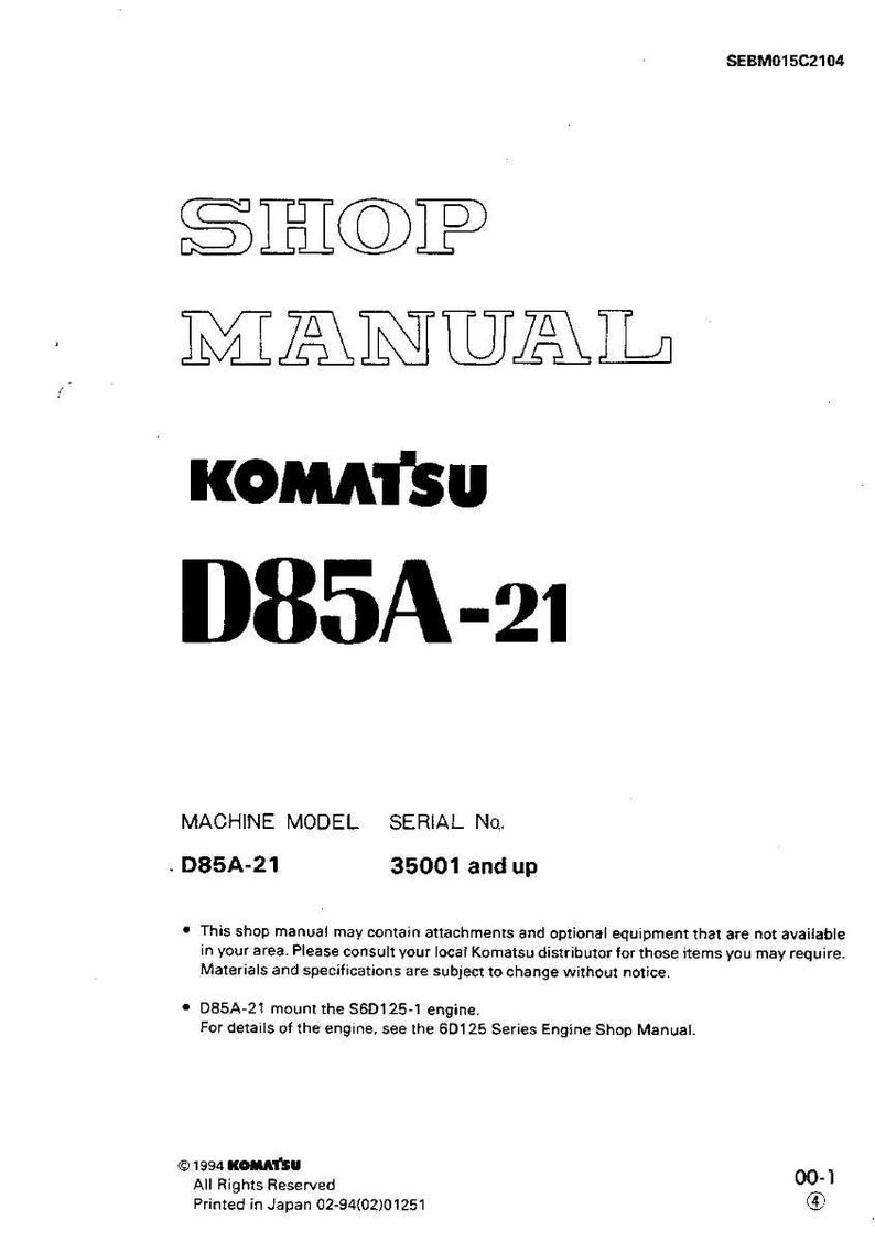 Puede incluir: Un manual de taller blanco con el texto "SHOP MANUAL" en negrita y contorneado. Tambi&eacute;n se muestra el logotipo de Komatsu y "D85A-21". El manual incluye detalles sobre el modelo de m&aacute;quina D85A-21.
