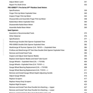 May include: A detailed table of contents from a manual, featuring various sections on agricultural equipment, including seed meters, openers, and gauge wheels. The text is black on a white background, with page numbers.