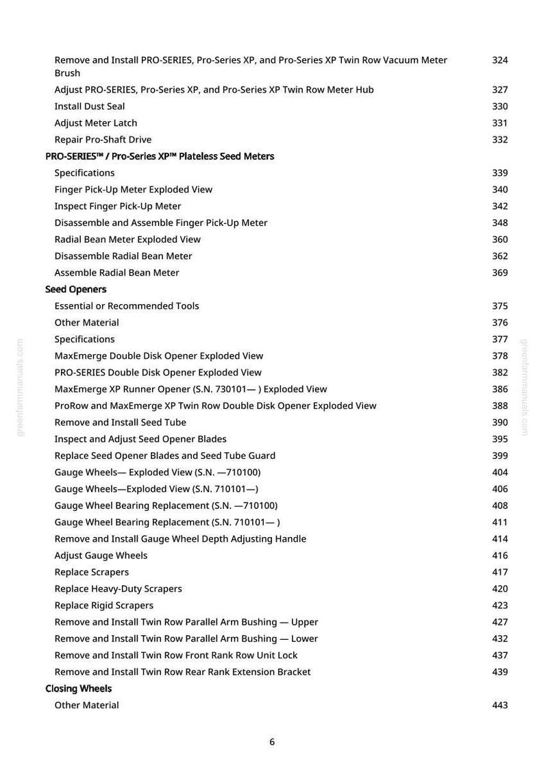 May include: A detailed table of contents from a manual, featuring various sections on agricultural equipment, including seed meters, openers, and gauge wheels. The text is black on a white background, with page numbers.