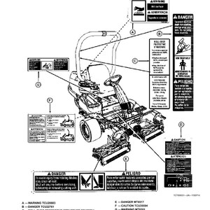 May include: Diagram of a riding lawn mower with safety labels. The labels include warnings about hot surfaces, rotating blades, and the need to use a seat belt. Text in English and Spanish.