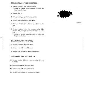 Puede incluir: Un diagrama t&eacute;cnico que detalla el desmontaje y montaje de una v&aacute;lvula de avance. El texto incluye pasos numerados para quitar varios componentes como cubiertas, tapones y carretes. La imagen es en blanco y negro.