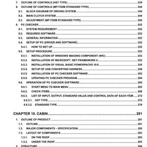 May include: A service manual with a table of contents, detailing topics such as controls, software, and cabin components. The document is titled "MF1750M/1755M/1765M SERVICE MANUAL."