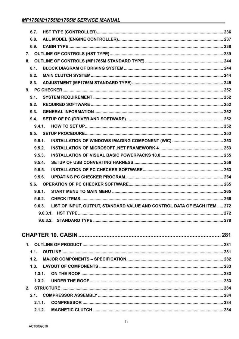 May include: A service manual with a table of contents, detailing topics such as controls, software, and cabin components. The document is titled "MF1750M/1755M/1765M SERVICE MANUAL."