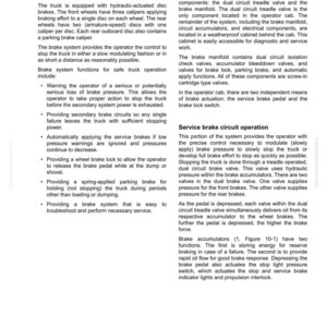 May include: A technical document detailing a truck's braking system, including the dual circuit treadle valve and brake manifold. It explains functions, operation, and safety features, with diagrams and specifications.