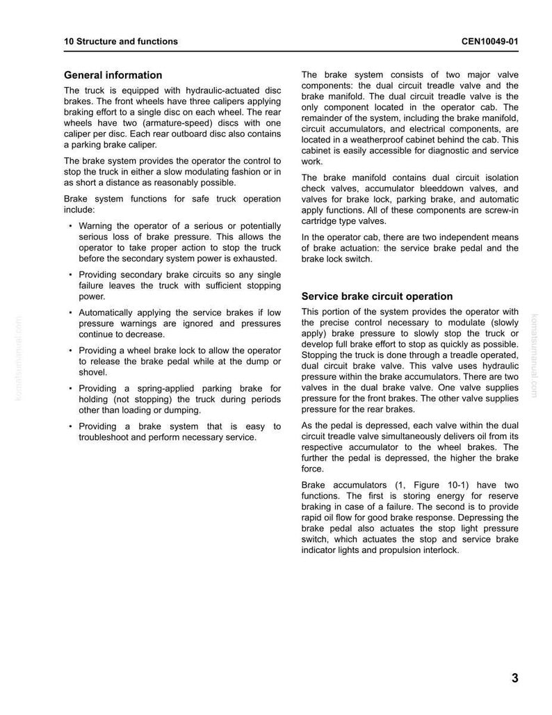 May include: A technical document detailing a truck's braking system, including the dual circuit treadle valve and brake manifold. It explains functions, operation, and safety features, with diagrams and specifications.