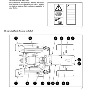 May include: A page from a manual with the title "DANGER SIGNS". It includes diagrams of a tractor and warning symbols. The text explains safety procedures for tractor maintenance and part replacement.