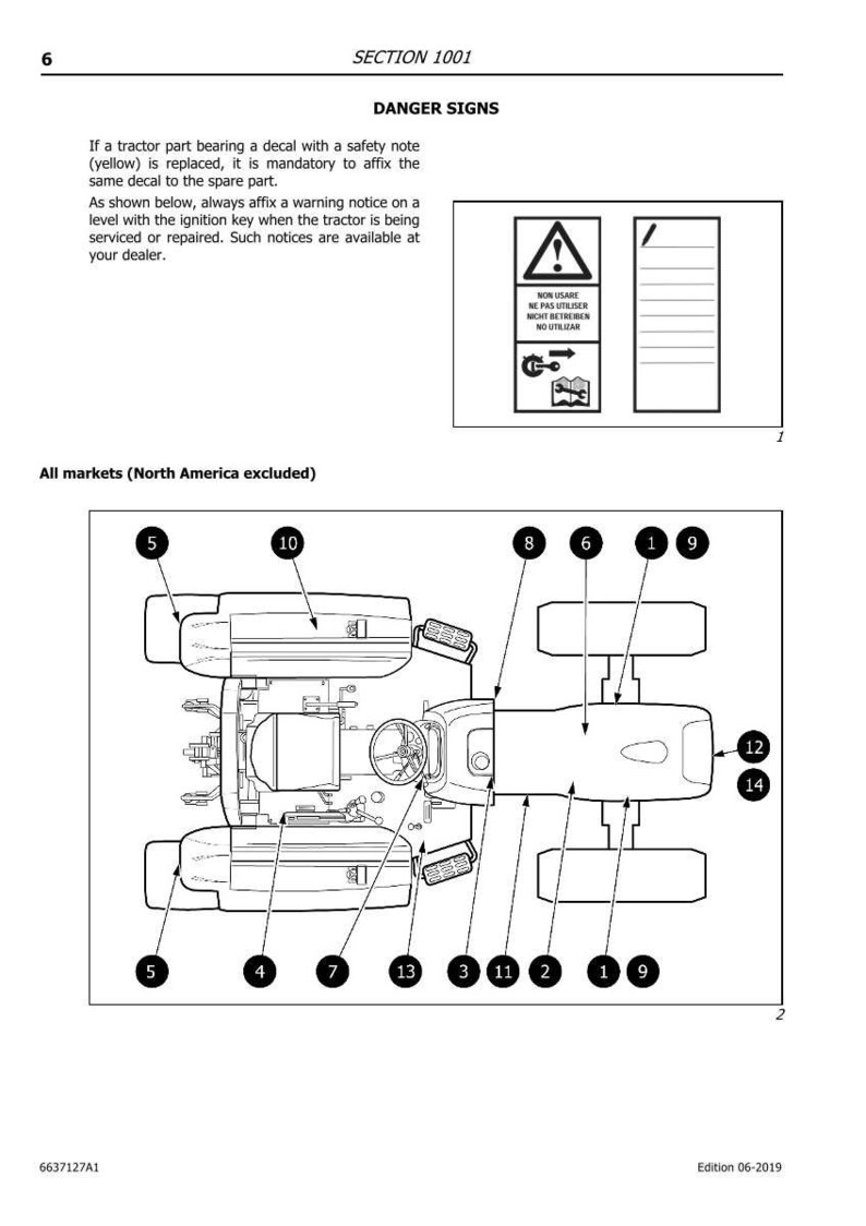 May include: A page from a manual with the title "DANGER SIGNS". It includes diagrams of a tractor and warning symbols. The text explains safety procedures for tractor maintenance and part replacement.