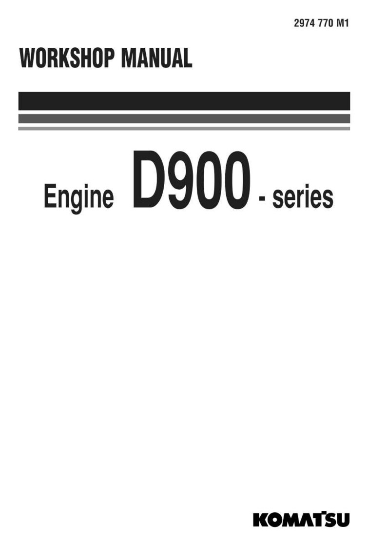 Może przedstawiać: Biała okładka instrukcji warsztatowej z czarnym tekstem. Tytuł "WORKSHOP MANUAL" znajduje się na g&oacute;rze, z napisem "Engine D900 - series" dużą czcionką. Logo Komatsu znajduje się na dole.