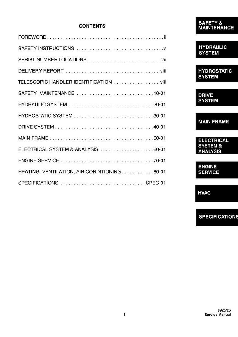 K&ouml;nnte beinhalten: Eine Seite aus einem Servicehandbuch mit Inhaltsverzeichnis und Abschnitts&uuml;berschriften. Die Tabelle listet Themen wie Sicherheit, Hydrauliksysteme und Motorservice auf. Schwarzer Text auf wei&szlig;em Hintergrund.