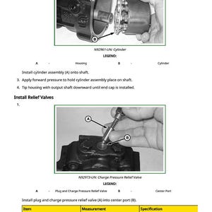 May include: Technical diagram showing the installation of a cylinder assembly and relief valves. The image includes close-up views of mechanical components with labels and instructions. The text includes measurements in lb.-ft.