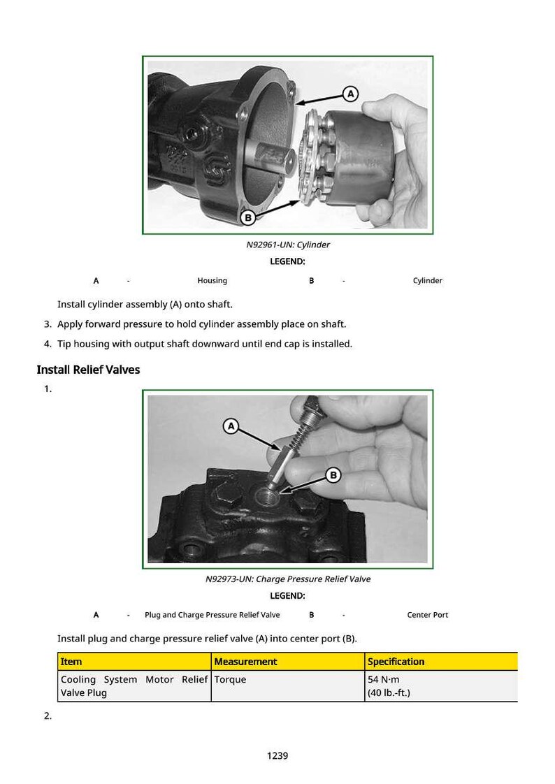 May include: Technical diagram showing the installation of a cylinder assembly and relief valves. The image includes close-up views of mechanical components with labels and instructions. The text includes measurements in lb.-ft.