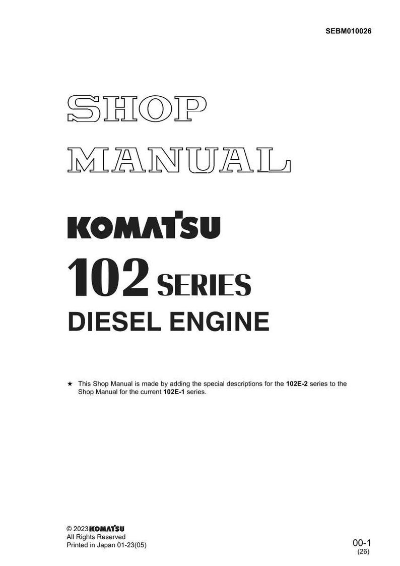 May include: A white shop manual with the text "SHOP MANUAL" at the top. Below is the brand name "KOMATSU" and the text "102 SERIES DIESEL ENGINE". The manual includes copyright information and is printed in Japan.