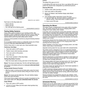 May include: A page from a robotic lawn mower manual detailing operating instructions. Sections cover emergency stopping, PIN code usage, mower operation, and scheduled mowing. Text is black on a white background.